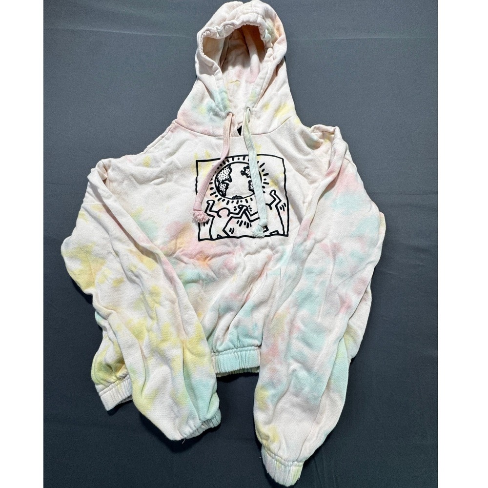 Keith Haring Tie Dye Cropped‎ Hoodie Sweatshirt Pink Yellow Blue XS